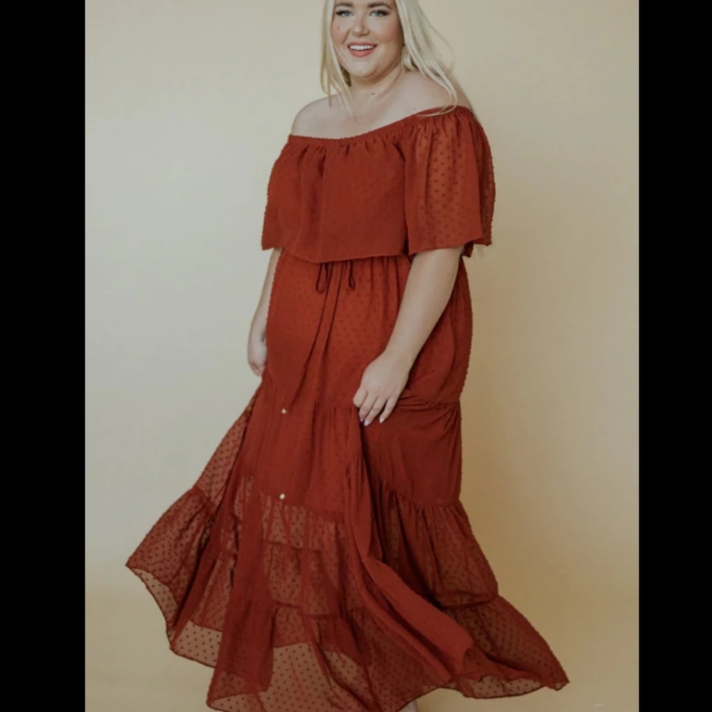 Baltic Born Orange Rust Swiss Dot Maxi Dress Tiered Off the Shoulder Size Large